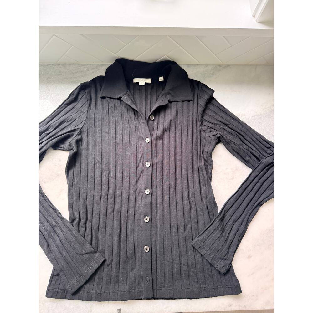 Vince Ribbed Collared Long-Sleeve Button-Front Top - Picture 4 of 7